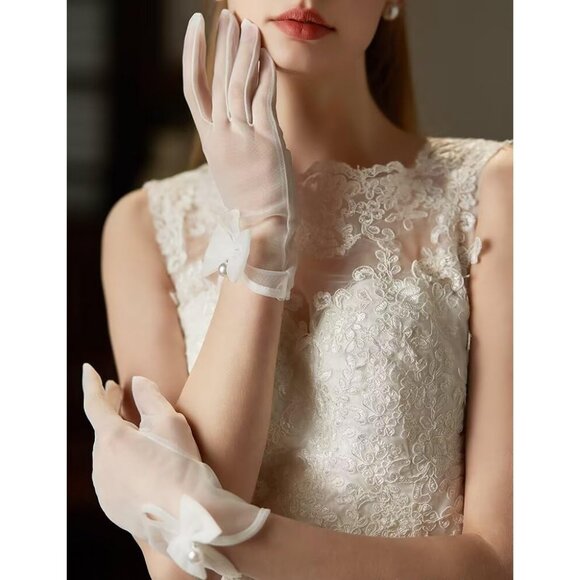 Women's Dark Red Bow Tulle Pearls Mesh Tea Short Gloves Party Prom Accessories - Picture 4 of 6